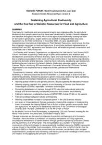 NGO/CSO FORUM - World Food Summit/five years later Access to Genetic Resources Paper (version 4) Sustaining Agricultural Biodiversity and the free flow of Genetic Resources for Food and Agriculture SUMMARY