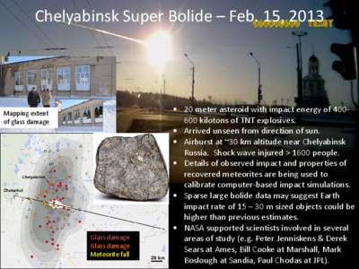 Chelyabinsk Super Bolide – Feb. 15, 2013  Mapping extent of glass damage  Glass damage