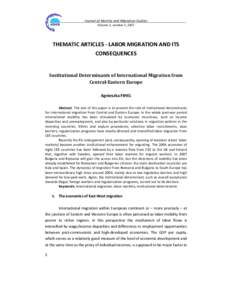 Journal of Identity and Migration Studies Volume 1, number 1, 2007 THEMATIC ARTICLES - LABOR MIGRATION AND ITS CONSEQUENCES