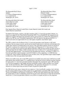 Microsoft Word - Ag & Food Industry Letter to House & Senate Leadership - Support TPP in 2016 FINALdocx