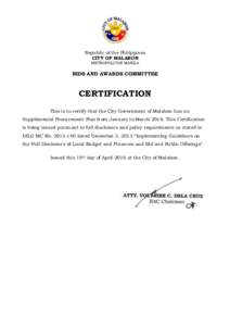 Republic of the Philippines CITY OF MALABON METROPOLITAN MANILA BIDS AND AWARDS COMMITTEE