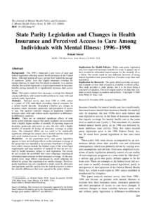Health insurance in the United States / Mental Health Parity Act / Mental disorder / Health insurance / Medicine / Insurance / United States National Health Care Act / Parity bit / Financial economics / Health / Mental health / Positive psychology