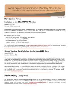 Mars Science News  December 2014 Invitation to the 30th MEPAG Meeting February 24-25, 2015