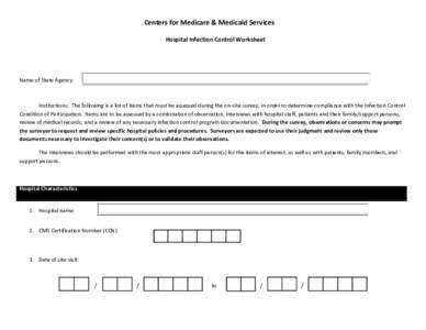 Centers for Medicare & Medicaid Services Hospital Infection Control Worksheet Name of State Agency:  _________________________________________________________________________________________________