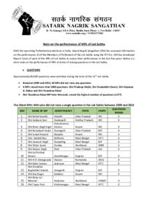 Note on the performance of MPs of Lok Sabha With the upcoming Parliamentary elections in India, Satark Nagrik Sangathan (SNS) has accessed information on the performance of all the Members of Parliament of the Lok Sabha 