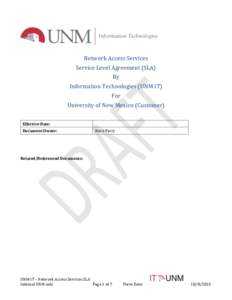Network Access Services Service Level Agreement (SLA) By Information Technologies (UNM IT) For University of New Mexico (Customer)
