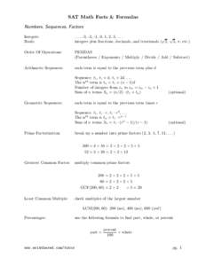 SAT Math Facts & Formulas Numbers, Sequences, Factors Integers: Reals:  . . . , -3, -2, -1, 0, 1, 2, 3, . . .
