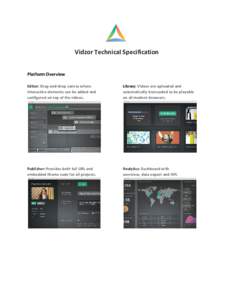 Vidzor Technical Specification Platform Overview   Editor: Drag-and-drop canvas where interactive elements can be added and configured on top of the videos.