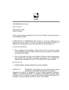 Universidad del Valle UNIVERSIDAD DEL VALLE RECTORÍA Resolución No. 1228