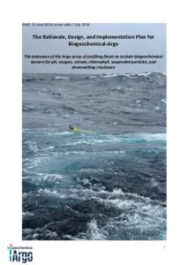 Draft 21 June 2016, minor edits 7 JulyThe Rationale, Design, and Implementation Plan for Biogeochemical-Argo The extension of the Argo array of profiling floats to include biogeochemical sensors for pH, oxygen, ni