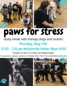 paws for stress study break with therapy dogs and snacks Thursday, May 17th  12:30 - 1:30 pm Watsonville Center Room A130 Thanks to the K-9 Clinic of Watsonville!