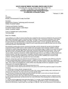 SOUTH ASIA NETWORK ON DAMS, RIVERS AND PEOPLE Project office: 86-D, AD block, Shalimar Bagh, DelhiIndia Ph: / 5. Email:  Concerns regarding Rampur Hydropower Project On Sutlej R