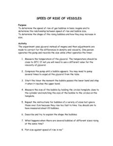 SPEED OF RISE OF VESICLES Purpose To determine the speed of rise of gas bubbles in basic magma and to determine the relationship between speed of rise and bubble size. To determine the shape of the rising bubbles and how