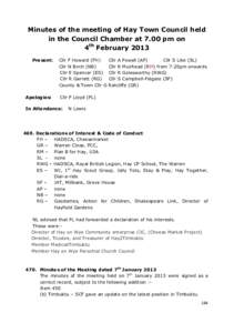 Minutes of the meeting of Hay Town Council held in the Council Chamber at 7.00 pm on 4th February 2013 Present:  Apologies: