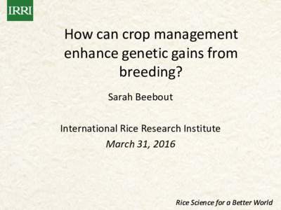 How can crop management enhance genetic gains from breeding? Sarah Beebout International Rice Research Institute March 31, 2016