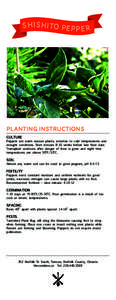 SH I S H I TO P E P P E R  PLANTING INSTRUCTIONS CULTURE Peppers are warm season plants, sensitive to cold temperatures and drought conditions. Start indoors 8-10 weeks before last frost date.