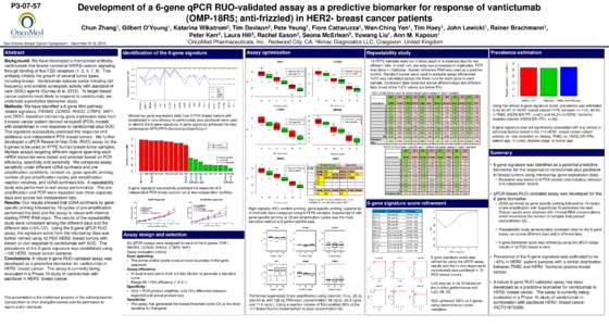 P3Development of a 6-gene qPCR RUO-validated assay as a predictive biomarker for response of vantictumab (OMP-18R5; anti-frizzled) in HER2- breast cancer patients Chun Zhang1, Gilbert O’Young1, Katarina Wikstro