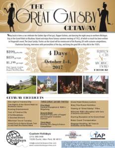 4 Days  $899pp/double $859 pp/triple  October 1-4,