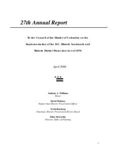 27th Annual Report To the Council of the District of Columbia on the Implementation of the D.C. Historic Landmark and Historic District Protection Act of[removed]April 2006