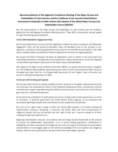 Recommendations of the Regional Consultative Meeting of the Major Groups and Stakeholders of Latin America and the Caribbean to the second United Nations Environment Assembly of UNEP and the 16th Session of the Global Ma