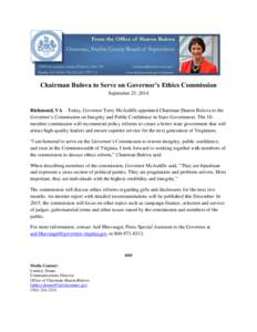 Chairman Bulova to Serve on Governor’s Ethics Commission September 25, 2014 Richmond, VA – Today, Governor Terry McAuliffe appointed Chairman Sharon Bulova to the Governor’s Commission on Integrity and Public Confi