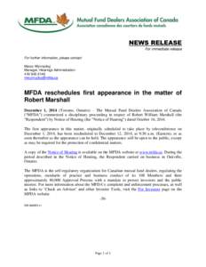 News release - MFDA reschedules first appearance in the matter of Robert Marshall