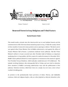 Volume 7, Number 5  March 11, 2013 Renewed Unrest in Iraq: Religious and Tribal Factors Rachel Kantz Feder