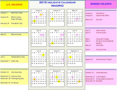 2015 holidays calendar 2015 MADRID U.S. HOLIDAYS