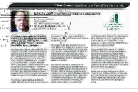 global awards -- half page profile -- MUNARI GIUDICI MANIGLIO PANFILI E ASSOCIATI -- Client Choice - Maritime Law Firm of the Year in Italy.indd