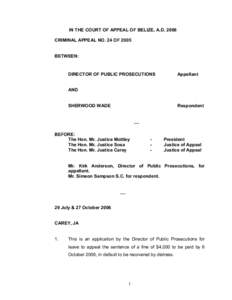 IN THE COURT OF APPEAL OF BELIZE, A.D. 2006  CRIMINAL APPEAL NO. 24 OF 2005  BETWEEN:   DIRECTOR OF PUBLIC PROSECUTIONS 