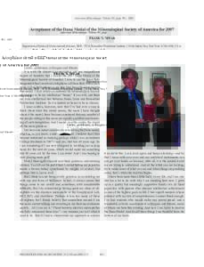American Mineralogist, Volume 93, page 961, 2008  Acceptance of the Dana Medal of the Mineralogical Society of America for 2007 Frank S. Spear Department of Earth and Environmental Sciences, JRSC 1W19, Rensselaer Polytec