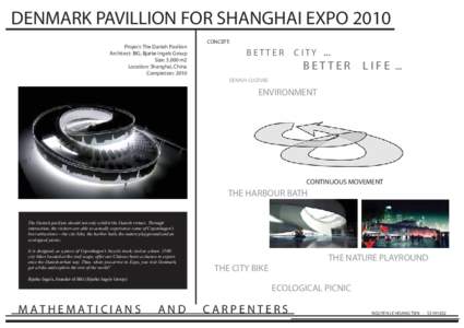 DENMARK PAVILLION FOR SHANGHAI EXPO 2010 CONCEPT: Project: The Danish Pavilion Architect: BIG, Bjarke Ingels Group Size: 3,000 m2 Location: Shanghai, China