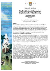Research Seminar  The Third Industrial Revolution: Implications for Urban Planning Dr. Michael Waibel University of Hamburg