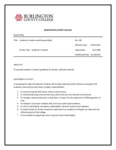 BURLINGTON COUNTY COLLEGE Board Policy Title: Academic Freedom and Responsibility No. 200 Effective Date: