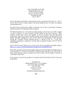 Lake County Behavioral Health Mental Health Services Act FY[removed]Annual Update Notice of 30-Day Comment And Public Hearing June 15, 2013