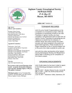 Ingham County Genealogical Society NEWSLETTER P. O. Box 85 Mason, MIAPRIL 2007 Vol 10 # ICGS