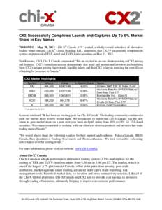 CX2 Successfully Completes Launch and Captures Up To 6% Market Share in Key Names TORONTO – May 29, 2013 – Chi-X® Canada ATS Limited, a wholly owned subsidiary of alternative trading venue operator Chi-X® Global Ho