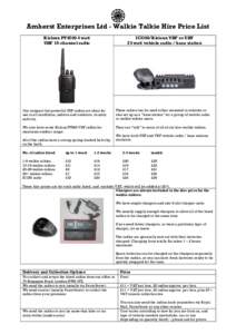 Amherst Enterprises Ltd - Walkie Talkie Hire Price List Kirisun PT4200 4 watt UHF 16-channel radio ICOM/Kirisun VHF or UHF 25 watt vehicle radio / base station