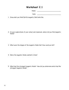 Worksheet 2.1 Name: ____________________________ Date: ____________________________ 1. Draw what you think Earth‛s magnetic ﬁeld looks like.  2. In your explorations of your school and classroom, where did you ﬁnd 