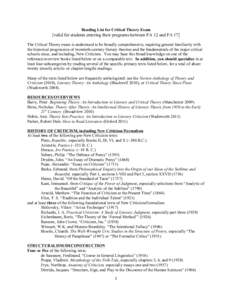 Reading List for Critical Theory Exam  [valid for students entering their programs between FA 12 and FA 17] The Critical Theory exam is understood to be broadly comprehensive, requiring general familiarity with the histo