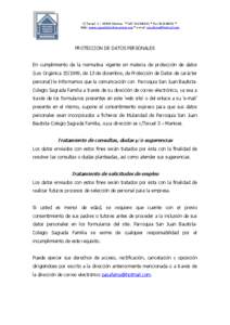 C/ Teruel, 1 – 46940 Manises * Telf[removed] * Fax[removed] * Web: www.sagradafamiliamanises.org * e-mail: [removed] PROTECCION DE DATOS PERSONALES  En cumplimiento de la normativa vigente en materia de p
