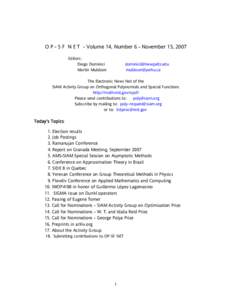 O P - S F N E T - Volume 14, Number 6 - November 15, 2007 Editors: Diego Dominici Martin Muldoon  
