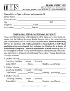 Print  Reset ANNUAL STUDENT LIST Talking Book & Braille Service • Illinois State Library