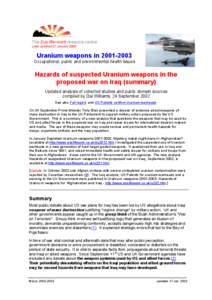 Hazards of Uranium weapons in the proposed war on Iraq - SUMMARY