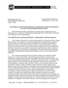 Press Release No[removed]FOR IMMEDIATE RELEASE April 22, 2006 International Monetary Fund Washington, D.C[removed]USA