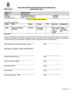 RECORDS RETENTION/DISPOSITION AUTHORIZATION SIGNATURE PAGE Agency # 285A College Graduate School