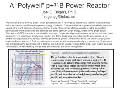 A “Polywell” p+11B Power Reactor Joel G. Rogers, Ph.D. [removed] Aneutronic fusion is the holy grail of fusion power research. A new method of operating Polywell was developed  which ma
