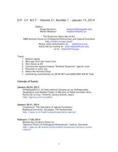    O P - S F N E T - Volume 21, Number 1 – January 15, 2014 Editors: Diego Dominici Martin Muldoon
