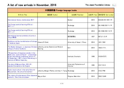 A list of new arrivals in November, 2016  The Japan Foundation Library 外国語図書/Foreign-language books 編著者/Author