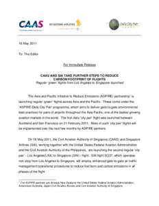 Media release - CAAS and SIA take further steps to reduce carbon footprint of flights